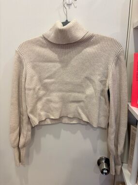Aritzia Cropped Ribbed Turtleneck Sweater in Light Beige